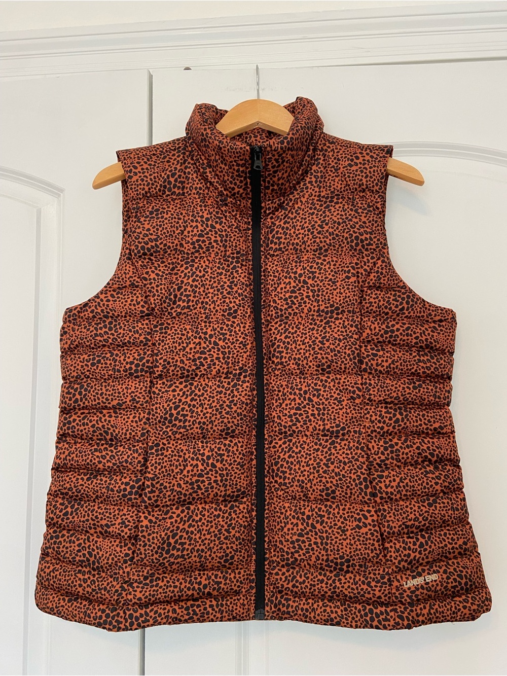 Lands’ End Puffer Vest Womens Large Cheetah Feather Down 600 Insulated